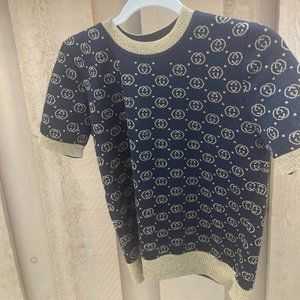 Gucci Short-Sleeve Sweater Navy and Gold